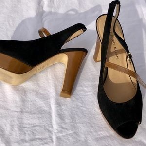 Antonio Melani; Black and Tan Peep-Toe Pumps